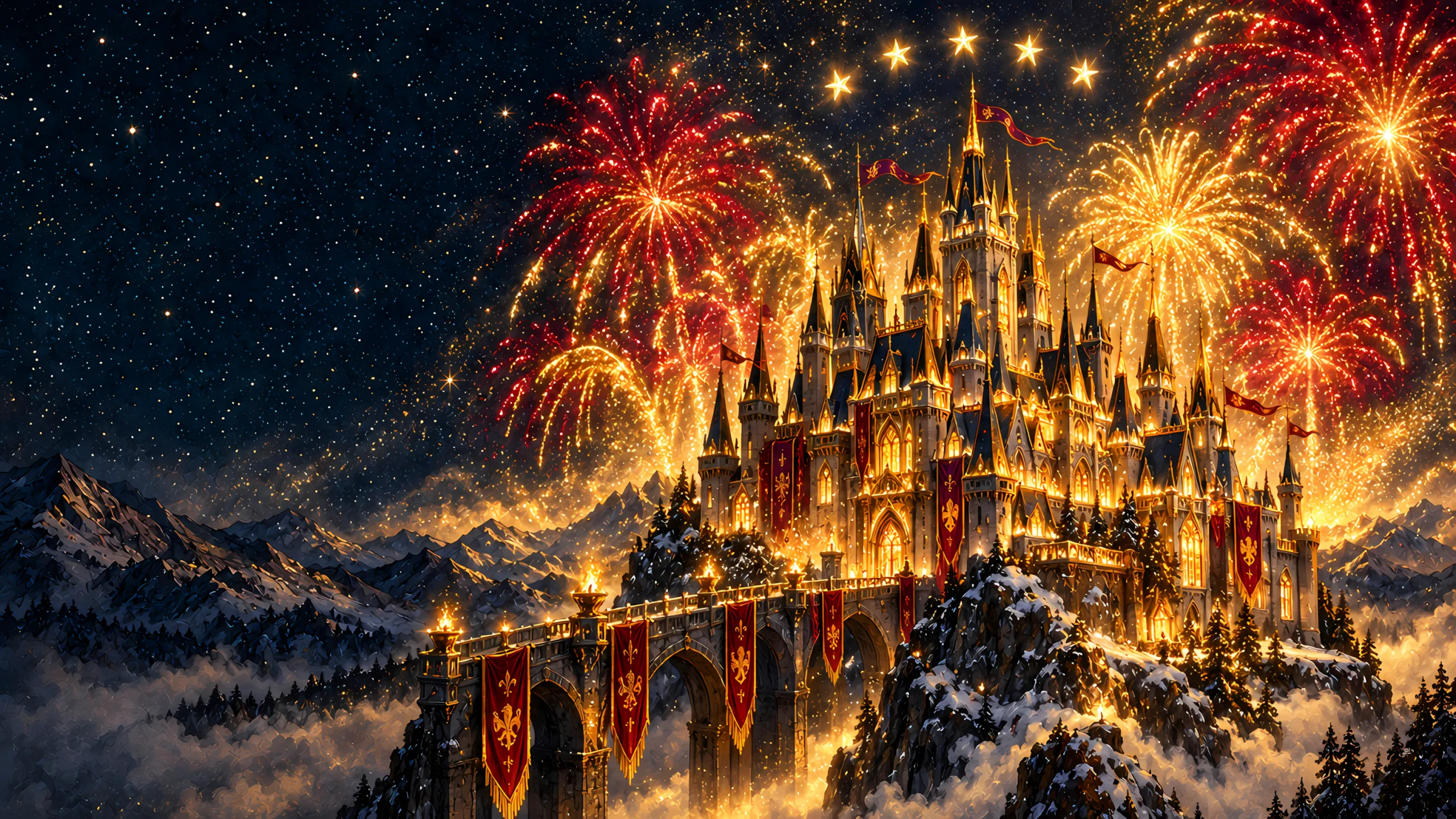 Schloss Prunkenstein on its crag at night, every spire in gold, under fireworks and five stars
