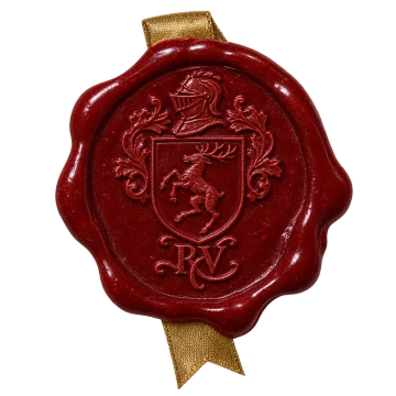 Sir Roderick’s seal: his arms, a rampant stag under a knight’s helm, and his monogram