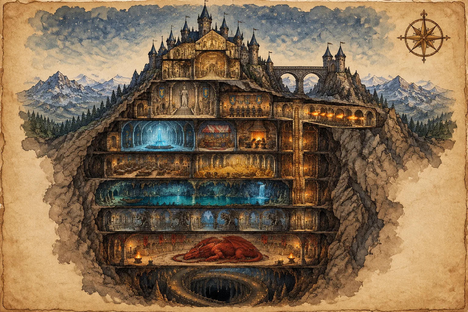 A cutaway map of the castle and the Vaults beneath it, floor by floor, down to the Grand Stair